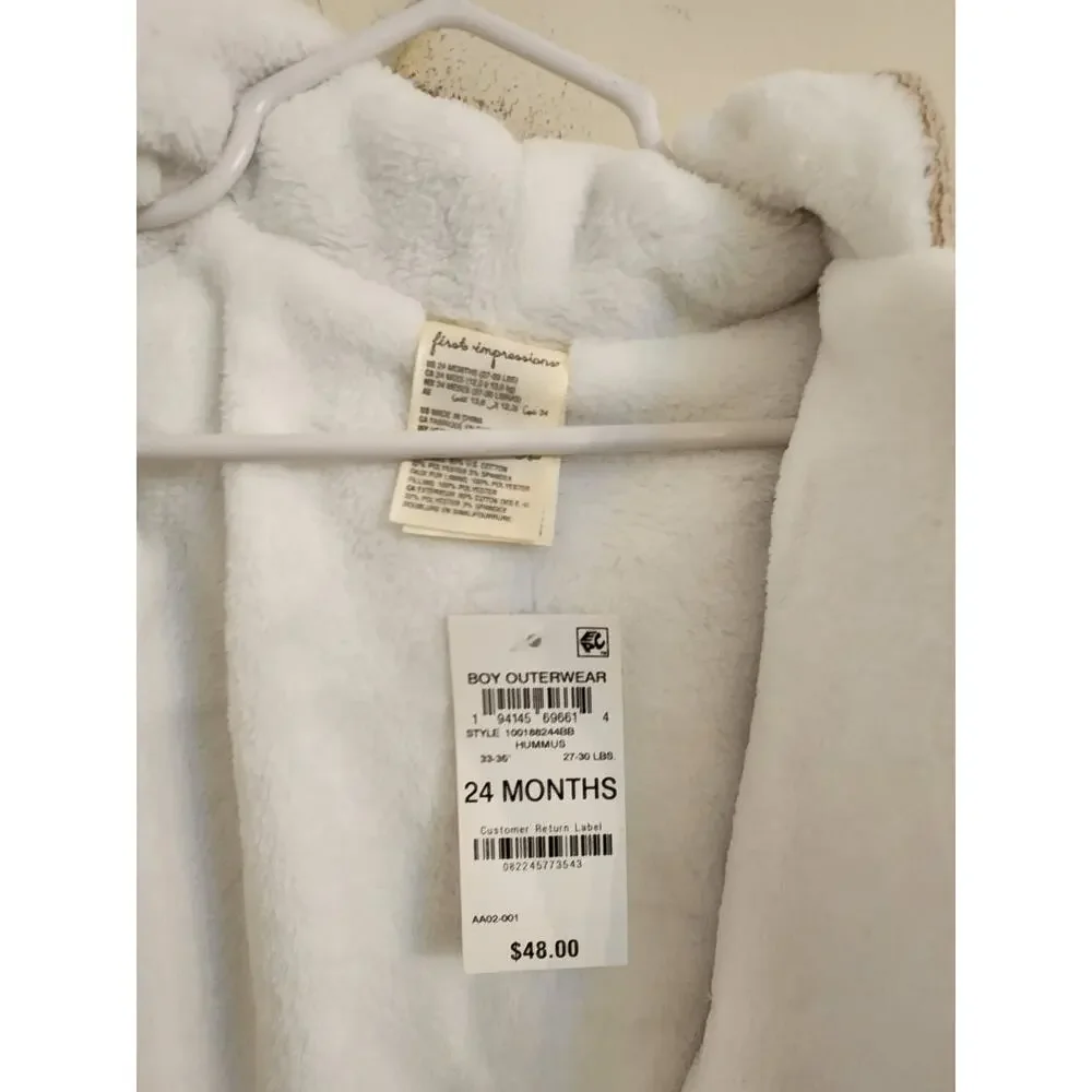 NWT First Impressions Unisex Faux Sherpa Lined Hooded Jacket 24 Months